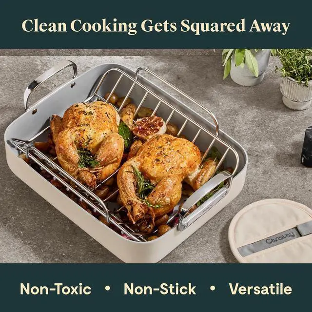 Alt view image 2 of 7 - Caraway Roasting Pan - 16x13 Roasting Pan with Rack - Non-Stick Ceramic Coated - Non Toxic, PTFE & PFOA Free - Oven Safe & Compatible with All Stovetops - White