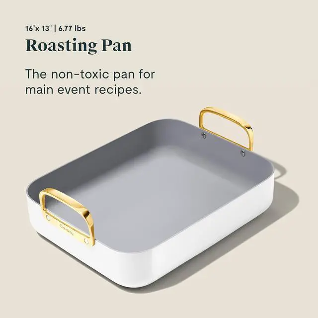 Alt view image 4 of 7 - Caraway Roasting Pan - 16x13 Roasting Pan with Rack - Non-Stick Ceramic Coated - Non Toxic, PTFE & PFOA Free - Oven Safe & Compatible with All Stovetops - White