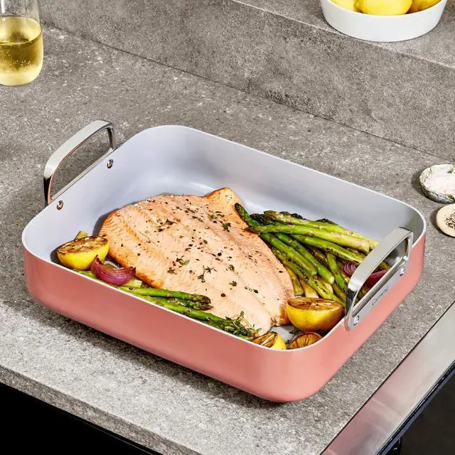 Alt view image 6 of 7 - Caraway Roasting Pan - 16x13 Roasting Pan with Rack - Non-Stick Ceramic Coated - Non Toxic, PTFE & PFOA Free - Oven Safe & Compatible with All Stovetops - White