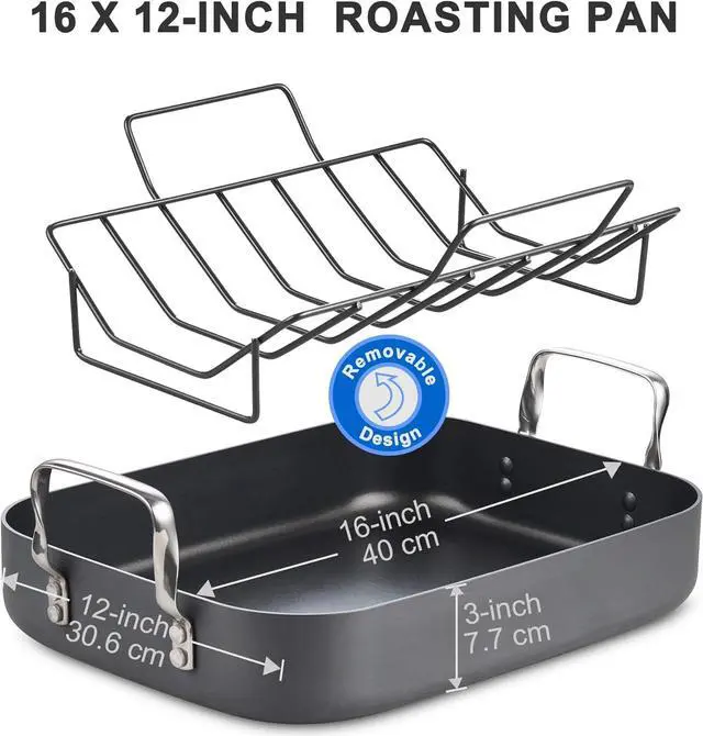 Alt view image 2 of 5 - Cooks Standard Turkey Roasting Pan with Rack, Hard Anodized Nonstick 16-Inch x 12-Inch Chicken Ham Roaster Pan Multi-Use Grill Pan with Handles, Black
