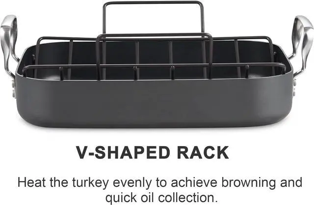 Alt view image 5 of 5 - Cooks Standard Turkey Roasting Pan with Rack, Hard Anodized Nonstick 16-Inch x 12-Inch Chicken Ham Roaster Pan Multi-Use Grill Pan with Handles, Black
