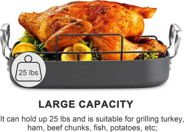 Alt view image 3 of 5 - Cooks Standard Turkey Roasting Pan with Rack, Hard Anodized Nonstick 16-Inch x 12-Inch Chicken Ham Roaster Pan Multi-Use Grill Pan with Handles, Black