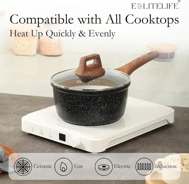 Alt view image 4 of 7 - ESLITE LIFE Nonstick Sauce Pan with Lid, 1.5 QT Small Soup Pot Compatible with All Stovetops (Gas, Electric & Induction), PFOA Free, Black