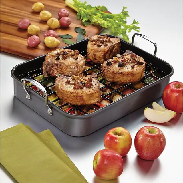 Alt view image 2 of 5 - Rachael Ray Brights Hard Anodized Nonstick Roaster / Roasting Pan with Rack - 16 Inch x 12 Inch, Gray