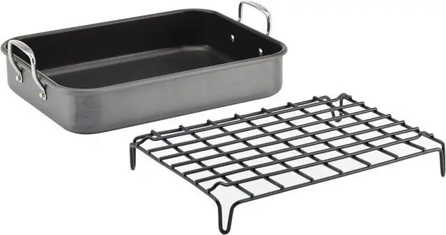 Alt view image 4 of 5 - Rachael Ray Brights Hard Anodized Nonstick Roaster / Roasting Pan with Rack - 16 Inch x 12 Inch, Gray