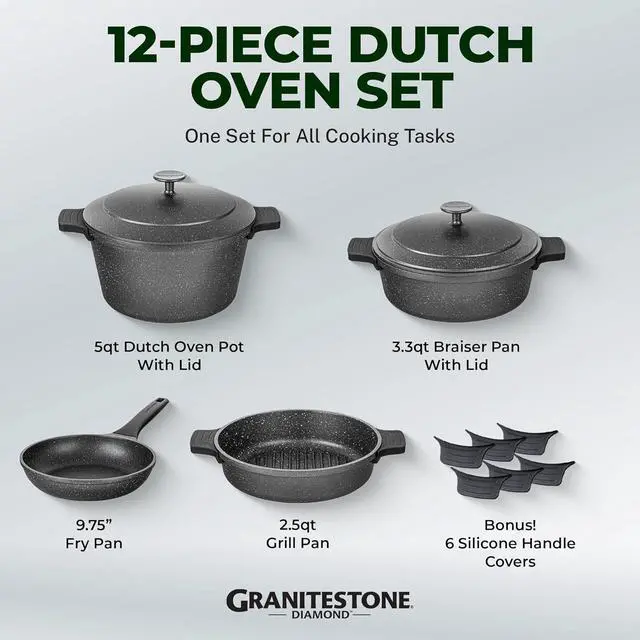 Alt view image 2 of 6 - Granitestone 12 Pc Pots and Pans Set Non Stick, Nesting Dutch Oven Pots Set with Lid + Removeable Silicone Handles, Induction Cookware Sets for Kitchen, Dishwasher and Oven Safe