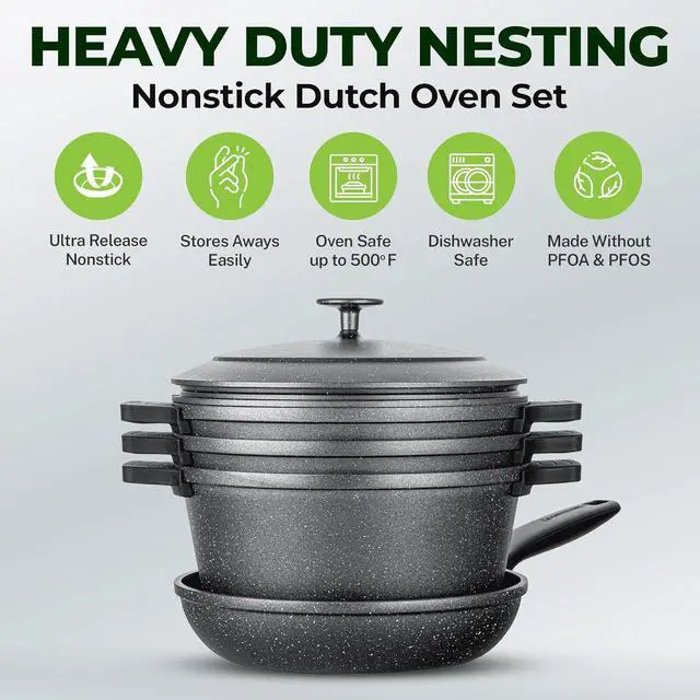 Alt view image 3 of 6 - Granitestone 12 Pc Pots and Pans Set Non Stick, Nesting Dutch Oven Pots Set with Lid + Removeable Silicone Handles, Induction Cookware Sets for Kitchen, Dishwasher and Oven Safe
