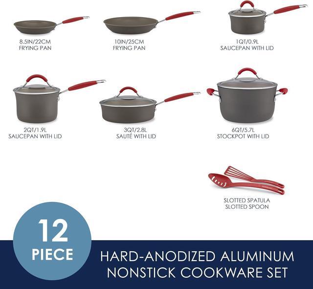 Alt view image 2 of 7 - Rachael Ray - 87630 Rachael Ray Cucina Hard Anodized Nonstick Cookware Pots and Pans Set, 12 Piece, Gray with Red Handles