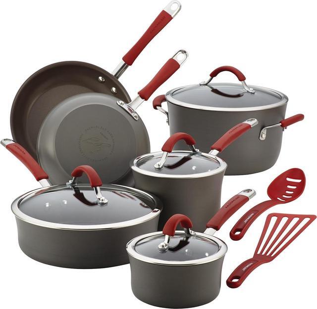 Main image of Rachael Ray - 87630 Rachael Ray Cucina Hard Anodized Nonstick Cookware Pots and Pans Set, 12 Piece, Gray with Red Handles