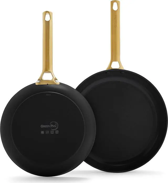 Main image of GreenPan Reserve Hard Anodized Healthy Ceramic Nonstick 8" and 10" Frying Pan Skillet Set, Gold Handle, PFAS-Free, Dishwasher Safe, Oven Safe, Black