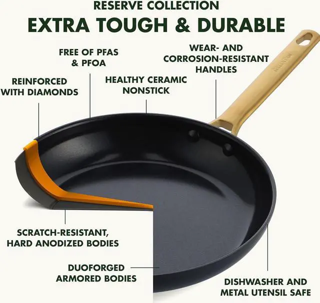 Alt view image 4 of 7 - GreenPan Reserve Hard Anodized Healthy Ceramic Nonstick 8" and 10" Frying Pan Skillet Set, Gold Handle, PFAS-Free, Dishwasher Safe, Oven Safe, Black