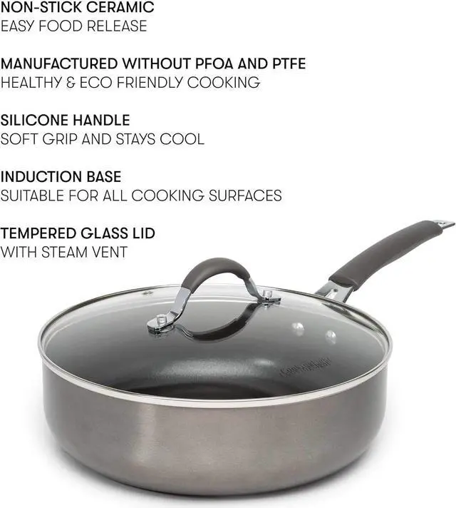 Alt view image 2 of 6 - Cooking Light Nonstick Ceramic Deep Cooker, Dishwasher Safe, Scratch Resistant, Easy Food Release Interior, Cool Touch Handle and Even Heating Base, 4-Quart Jumbo Cooker, Gray