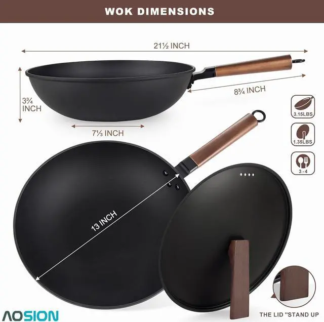 Alt view image 2 of 6 - AOSION 13'' Carbon Steel Wok, 12 Piece Wok Pan & Stir-Fry Pans Set with Lid & Cookwares, No Chemical Coated Flat Bottom Chinese Wok Pan for Induction, Electric, Gas, Halogen, All Stoves