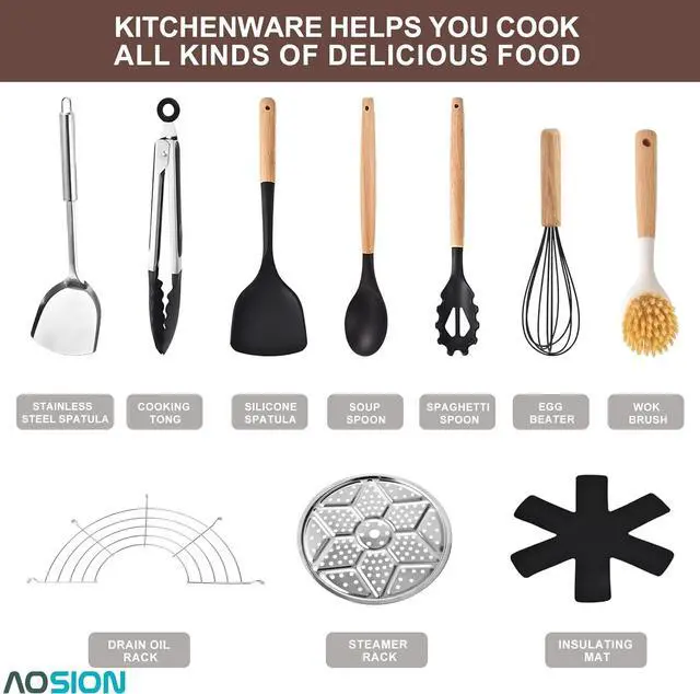 Alt view image 3 of 6 - AOSION 13'' Carbon Steel Wok, 12 Piece Wok Pan & Stir-Fry Pans Set with Lid & Cookwares, No Chemical Coated Flat Bottom Chinese Wok Pan for Induction, Electric, Gas, Halogen, All Stoves