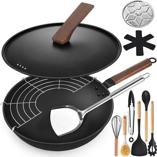 Main image of AOSION 13'' Carbon Steel Wok, 12 Piece Wok Pan & Stir-Fry Pans Set with Lid & Cookwares, No Chemical Coated Flat Bottom Chinese Wok Pan for Induction, Electric, Gas, Halogen, All Stoves