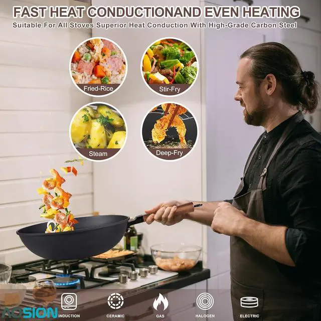 Alt view image 4 of 6 - AOSION 13'' Carbon Steel Wok, 12 Piece Wok Pan & Stir-Fry Pans Set with Lid & Cookwares, No Chemical Coated Flat Bottom Chinese Wok Pan for Induction, Electric, Gas, Halogen, All Stoves