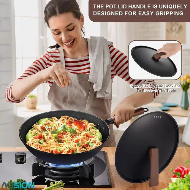 Alt view image 5 of 6 - AOSION 13'' Carbon Steel Wok, 12 Piece Wok Pan & Stir-Fry Pans Set with Lid & Cookwares, No Chemical Coated Flat Bottom Chinese Wok Pan for Induction, Electric, Gas, Halogen, All Stoves