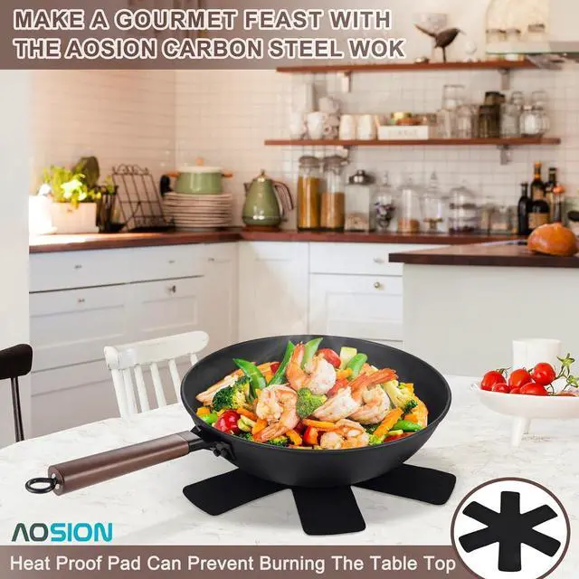 Alt view image 6 of 6 - AOSION 13'' Carbon Steel Wok, 12 Piece Wok Pan & Stir-Fry Pans Set with Lid & Cookwares, No Chemical Coated Flat Bottom Chinese Wok Pan for Induction, Electric, Gas, Halogen, All Stoves