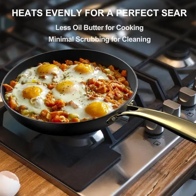 Alt view image 2 of 7 - Non Stick Frying Pans, 10 Inch Frying Pan with Gold Stay Cool Handle, Honeycomb Cast Iron Skillet, Easy to Clean Nonstick Frying Pan, Free of PFOA Cast Iron Pan Gifts for Men and Women