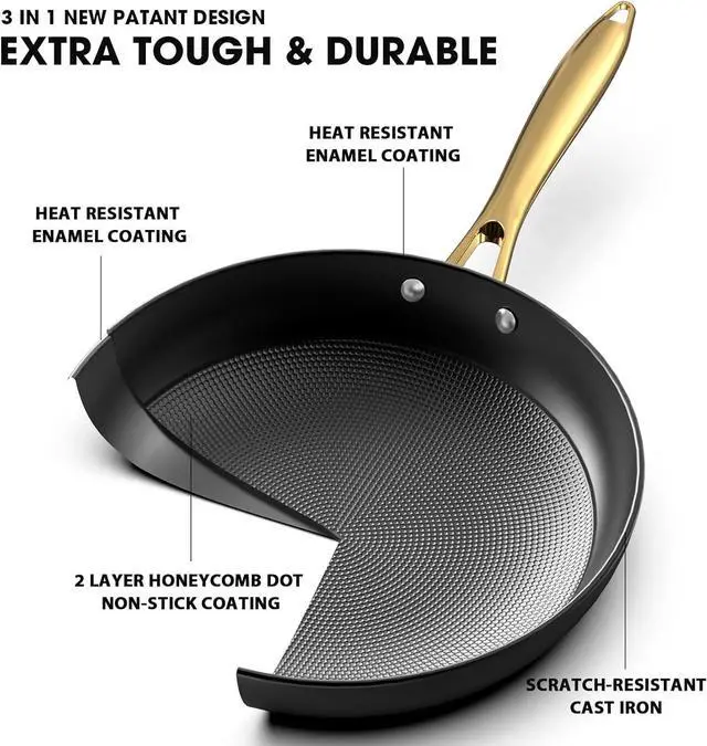 Alt view image 6 of 7 - Non Stick Frying Pans, 10 Inch Frying Pan with Gold Stay Cool Handle, Honeycomb Cast Iron Skillet, Easy to Clean Nonstick Frying Pan, Free of PFOA Cast Iron Pan Gifts for Men and Women