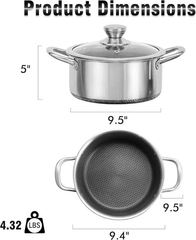 Alt view image 2 of 7 - AuFranc Hybrid Nonstick 6 Quart Stainless Steel Stockpot with Glass Lid, Induction Stock Pot with Honeycomb Carving, Non-stick Soup Pot Compatible with All Cooktops, Non-Toxic, Dishwasher & Oven Safe