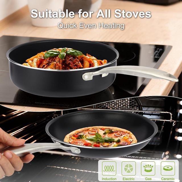Alt view image 2 of 7 - Induction Pots and Pans Set, 5 Pcs Non Stick Cookware Set with Stainless Steel Handle, Non Toxic Kitchen Cookware Sets For Oven & Dishwasher Safe,100% PFOA Free, Black