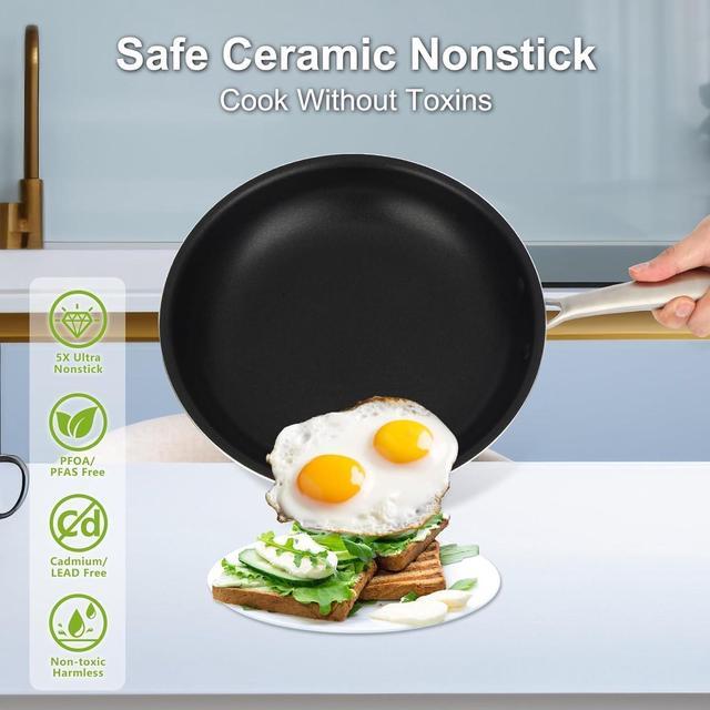 Alt view image 6 of 7 - Induction Pots and Pans Set, 5 Pcs Non Stick Cookware Set with Stainless Steel Handle, Non Toxic Kitchen Cookware Sets For Oven & Dishwasher Safe,100% PFOA Free, Black