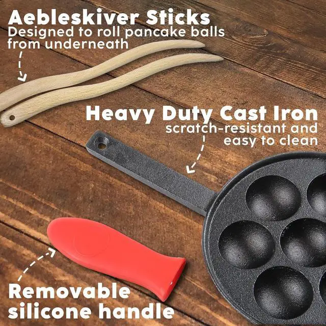 Alt view image 2 of 5 - Upstreet Cast Iron Aebleskiver Pan/Ebelskiver Pan/Ideal for Mini Pancake Mold, Cake Pop Pan, and Takoyaki Maker for Danish Stuffed (Red)