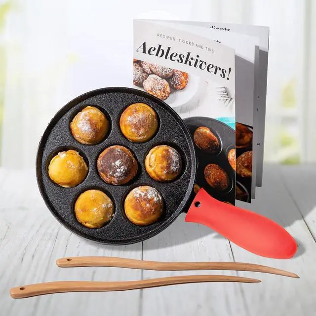Alt view image 3 of 5 - Upstreet Cast Iron Aebleskiver Pan/Ebelskiver Pan/Ideal for Mini Pancake Mold, Cake Pop Pan, and Takoyaki Maker for Danish Stuffed (Red)