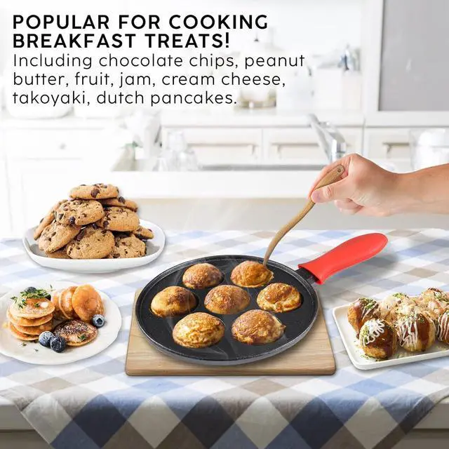 Alt view image 4 of 5 - Upstreet Cast Iron Aebleskiver Pan/Ebelskiver Pan/Ideal for Mini Pancake Mold, Cake Pop Pan, and Takoyaki Maker for Danish Stuffed (Red)