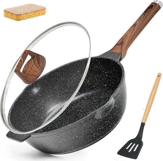 Main image of Deep Frying Pan Nonstick with Lid and Spatula, 12 inch / 5.5 Quart Non Stick Granite Stir-Fry Chef Pan Skillet with Scrub Sponge, PFOA Free Flat Cookware, Gas Induction Stovetops Compatible