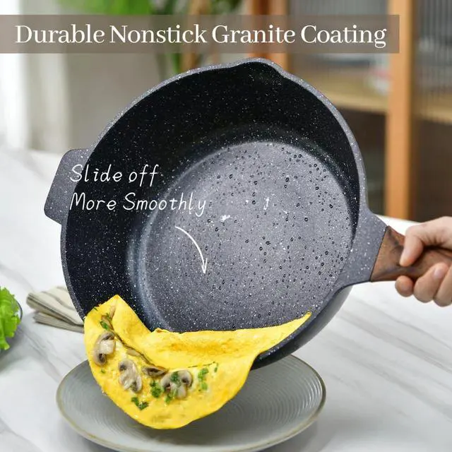 Alt view image 2 of 7 - Deep Frying Pan Nonstick with Lid and Spatula, 12 inch / 5.5 Quart Non Stick Granite Stir-Fry Chef Pan Skillet with Scrub Sponge, PFOA Free Flat Cookware, Gas Induction Stovetops Compatible