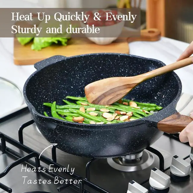 Alt view image 3 of 7 - Deep Frying Pan Nonstick with Lid and Spatula, 12 inch / 5.5 Quart Non Stick Granite Stir-Fry Chef Pan Skillet with Scrub Sponge, PFOA Free Flat Cookware, Gas Induction Stovetops Compatible