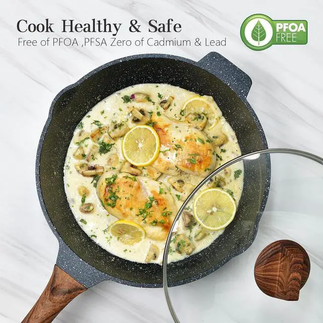 Alt view image 5 of 7 - Deep Frying Pan Nonstick with Lid and Spatula, 12 inch / 5.5 Quart Non Stick Granite Stir-Fry Chef Pan Skillet with Scrub Sponge, PFOA Free Flat Cookware, Gas Induction Stovetops Compatible