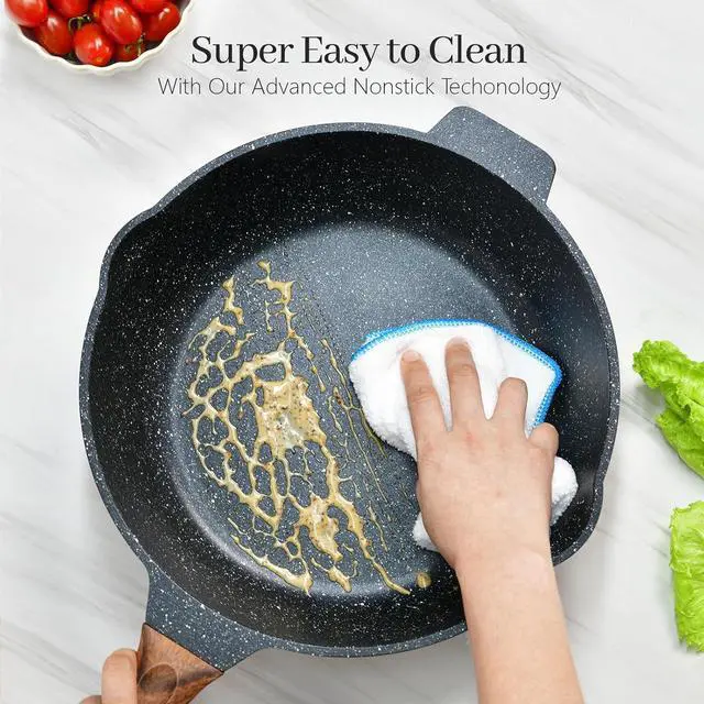 Alt view image 4 of 7 - Deep Frying Pan Nonstick with Lid and Spatula, 12 inch / 5.5 Quart Non Stick Granite Stir-Fry Chef Pan Skillet with Scrub Sponge, PFOA Free Flat Cookware, Gas Induction Stovetops Compatible