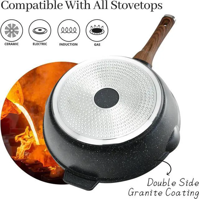 Alt view image 6 of 7 - Deep Frying Pan Nonstick with Lid and Spatula, 12 inch / 5.5 Quart Non Stick Granite Stir-Fry Chef Pan Skillet with Scrub Sponge, PFOA Free Flat Cookware, Gas Induction Stovetops Compatible