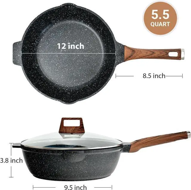 Alt view image 7 of 7 - Deep Frying Pan Nonstick with Lid and Spatula, 12 inch / 5.5 Quart Non Stick Granite Stir-Fry Chef Pan Skillet with Scrub Sponge, PFOA Free Flat Cookware, Gas Induction Stovetops Compatible