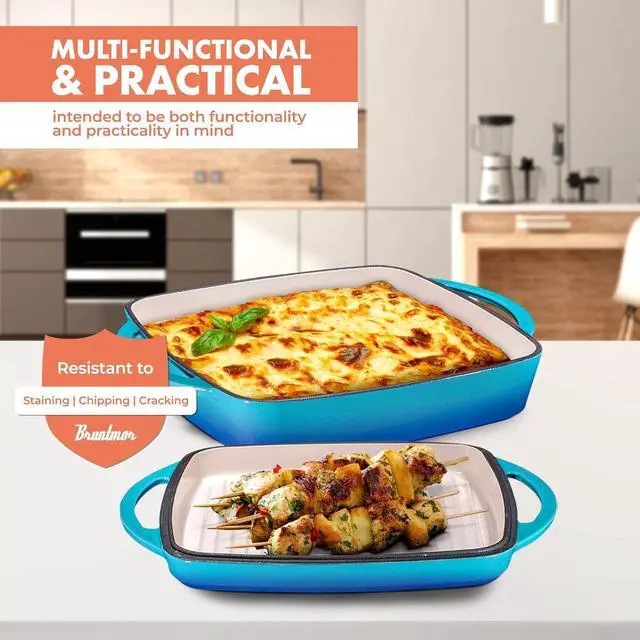Alt view image 3 of 7 - Bruntmor 2-in-1 Pre-seasoned Square Cast Iron Dutch Oven With Dual Handles, Non stick Pan with Grill, All-in-One Cookware Set, Cast Iron Casserole Dish with Lid for Braising Dishes,Caribbean Blue