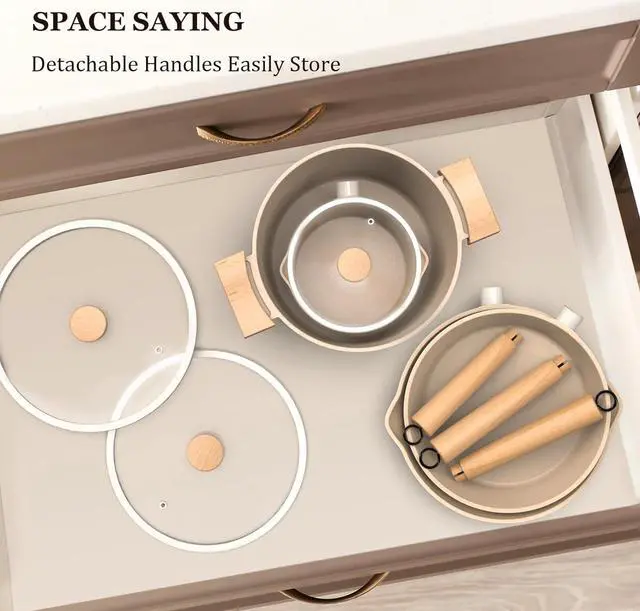 Alt view image 6 of 7 - imarku Pots and Pans Set Non Stick, 10 Pcs Granite Cookware Set, Removable Handle Pots and Pans, PFOA Free, Oven Safe, Cream, Valentines Day Gifts