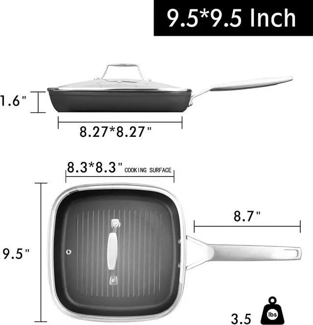 Alt view image 4 of 7 - MsMk Square Grill Pan with Lid, 9.5 Inch Titanium and Ceramic Nonstick Grilling Skillet PanStay-Cool HandleCompatible with All StovetopsPFOA FreeDishwasher & Oven SafeIndoor Chicken Skille