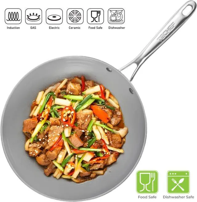 Alt view image 4 of 7 - TECHEF - CeraTerra 12" Ceramic Nonstick Flat Bottom Wok/Stir-Fry Pan - PFOA, PTFE, PFAS Free, Dishwasher and Oven Safe, Made in Korea (12-in)