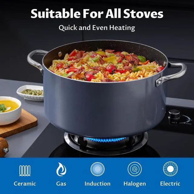 Alt view image 4 of 7 - BEZIA 10 Quart Cooking Pot, Large Non Stick Induction Stock Pot with Lid, All Stove Compatible, 10 QT Aluminum Soup/Stew Pot For Large-batch Cooking, Grey