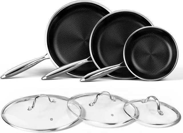 Main image of Nonstick Titanium Ceramics Stainless Steel Frying Pan Set, 6 Pieces Nonstick Honeycomb Stainless Steel Frying Pan Set, Non Stick Egg Omelet Cooking Pan Set, Induction Compatible, PFAS Free