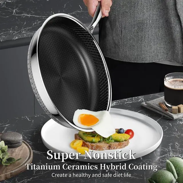 Alt view image 2 of 7 - Nonstick Titanium Ceramics Stainless Steel Frying Pan Set, 6 Pieces Nonstick Honeycomb Stainless Steel Frying Pan Set, Non Stick Egg Omelet Cooking Pan Set, Induction Compatible, PFAS Free