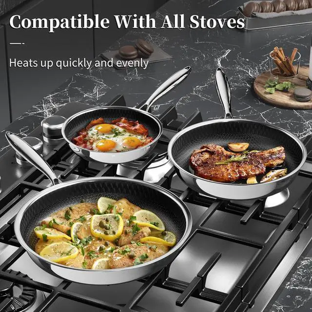 Alt view image 3 of 7 - Nonstick Titanium Ceramics Stainless Steel Frying Pan Set, 6 Pieces Nonstick Honeycomb Stainless Steel Frying Pan Set, Non Stick Egg Omelet Cooking Pan Set, Induction Compatible, PFAS Free