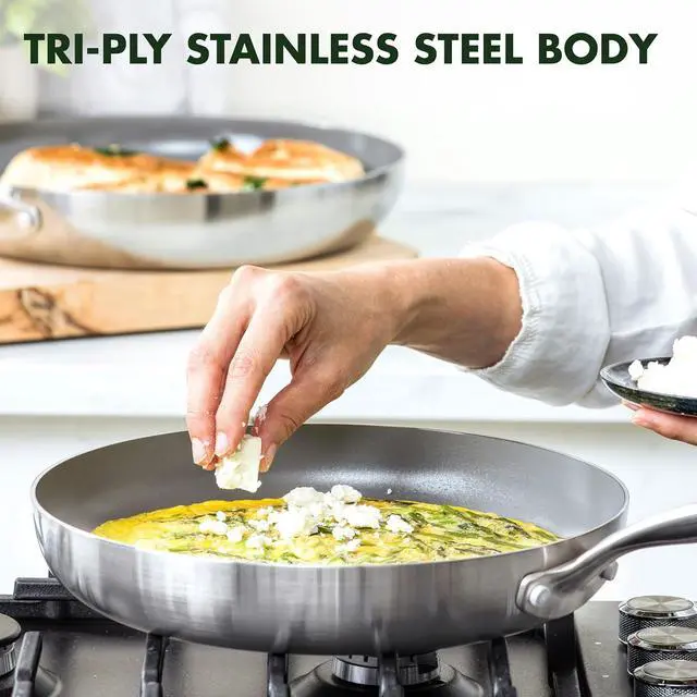 Alt view image 4 of 7 - GreenPan Chatham Tri-Ply Stainless Steel Healthy Ceramic Nonstick 10" Frying Pan Skillet, PFAS-Free, Induction Suitable, Dishwasher Safe, Silver