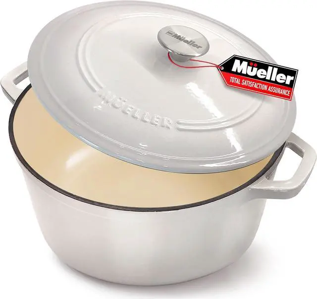 Main image of Mueller Cast Iron Dutch Oven Pot with Lid, 6 Quart Enameled, Dual Handles, Stainless Steel Knob, Stew Pot, Induction Pot - For Braising, Roasting, Baking, Cast Iron Bread Pan with Lid, White