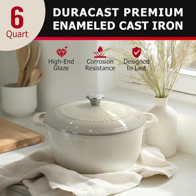 Alt view image 2 of 7 - Mueller Cast Iron Dutch Oven Pot with Lid, 6 Quart Enameled, Dual Handles, Stainless Steel Knob, Stew Pot, Induction Pot - For Braising, Roasting, Baking, Cast Iron Bread Pan with Lid, White
