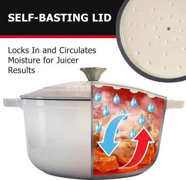 Alt view image 4 of 7 - Mueller Cast Iron Dutch Oven Pot with Lid, 6 Quart Enameled, Dual Handles, Stainless Steel Knob, Stew Pot, Induction Pot - For Braising, Roasting, Baking, Cast Iron Bread Pan with Lid, White