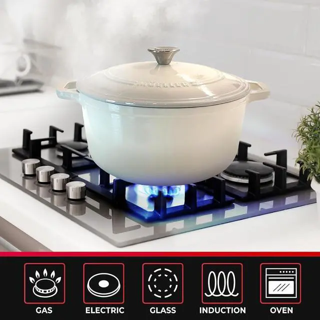 Alt view image 5 of 7 - Mueller Cast Iron Dutch Oven Pot with Lid, 6 Quart Enameled, Dual Handles, Stainless Steel Knob, Stew Pot, Induction Pot - For Braising, Roasting, Baking, Cast Iron Bread Pan with Lid, White